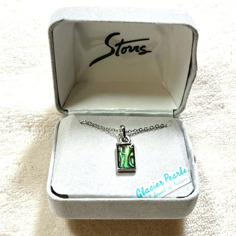 Storrs Glacier Pearle Silver Plated Rectangle Pendant Inlaid with Abalone – NIB